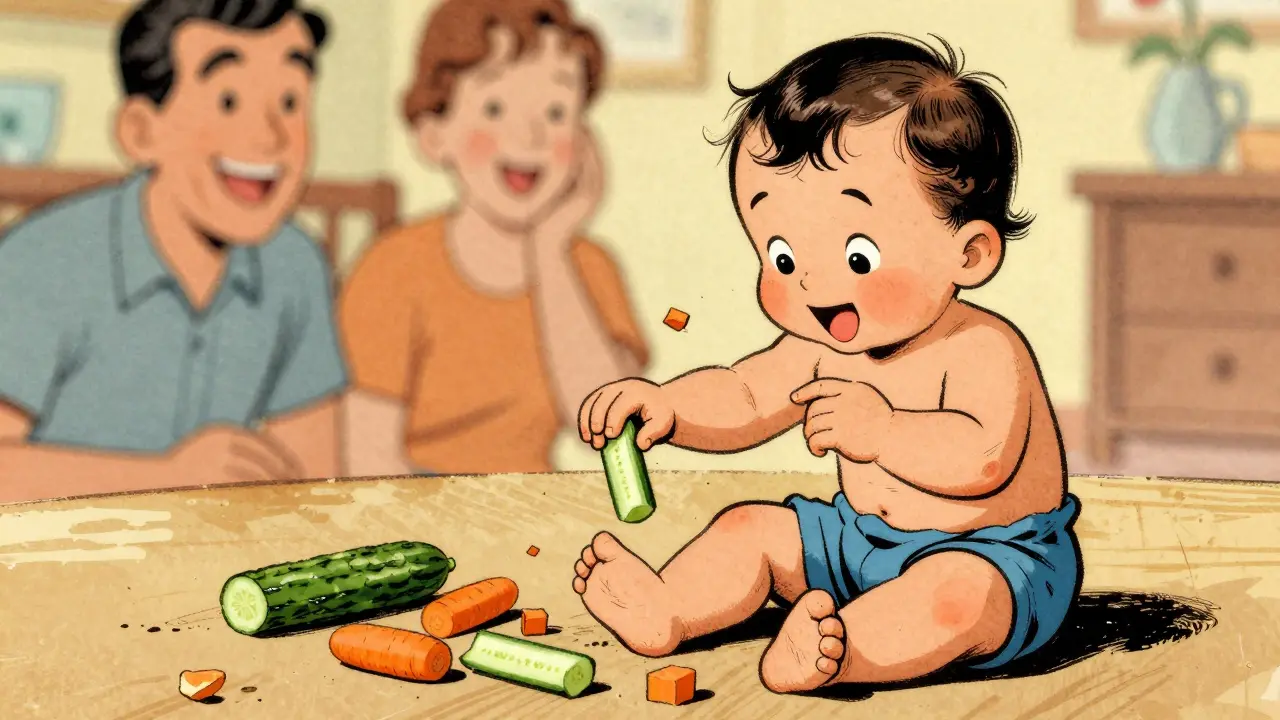 Bambino che esplora il cibo con le mani in modo gioioso