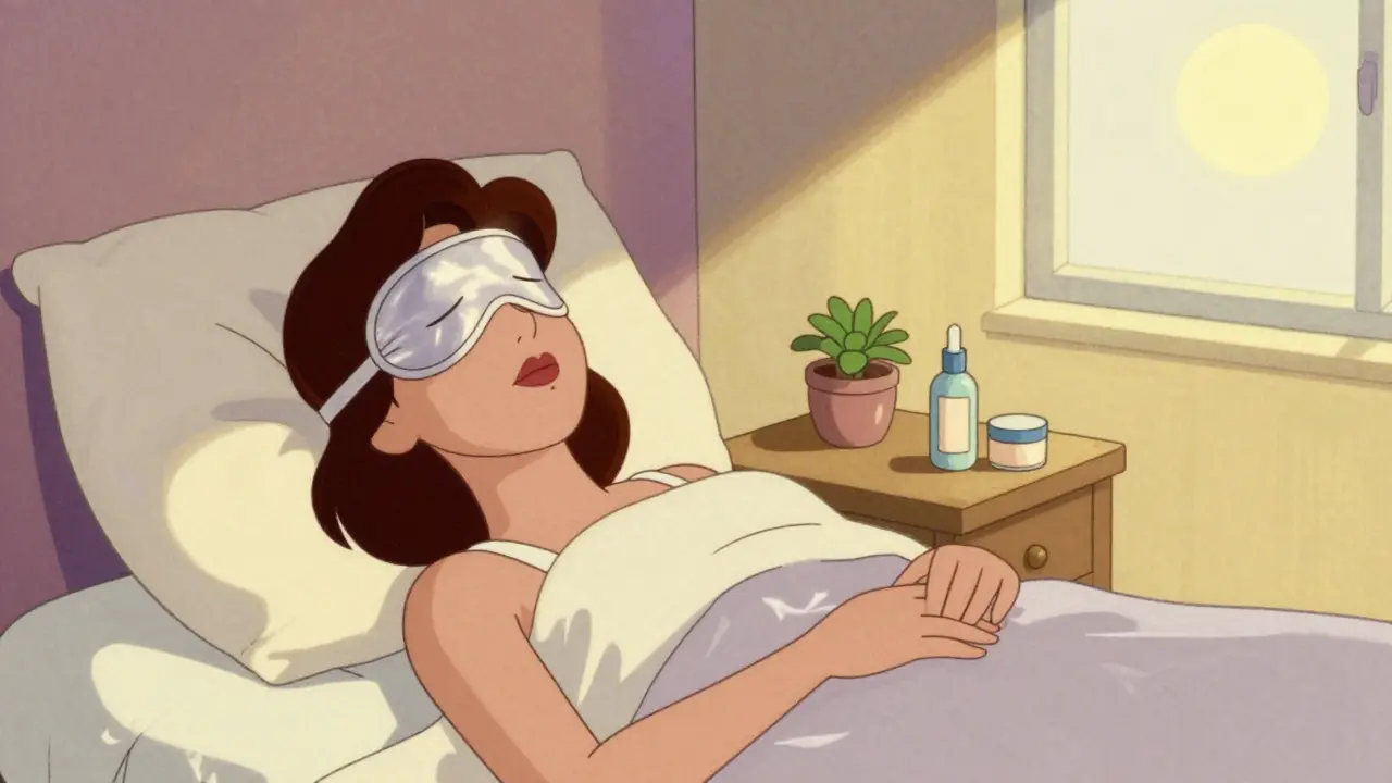 Cartone vintage: donna che dorme su cuscino di seta con skincare