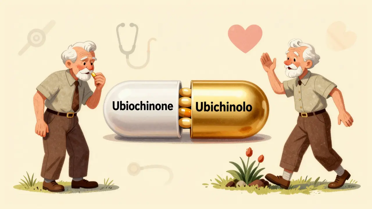 Cartoon vintage che confronta ubichinone e ubichinolo per la salute energetica