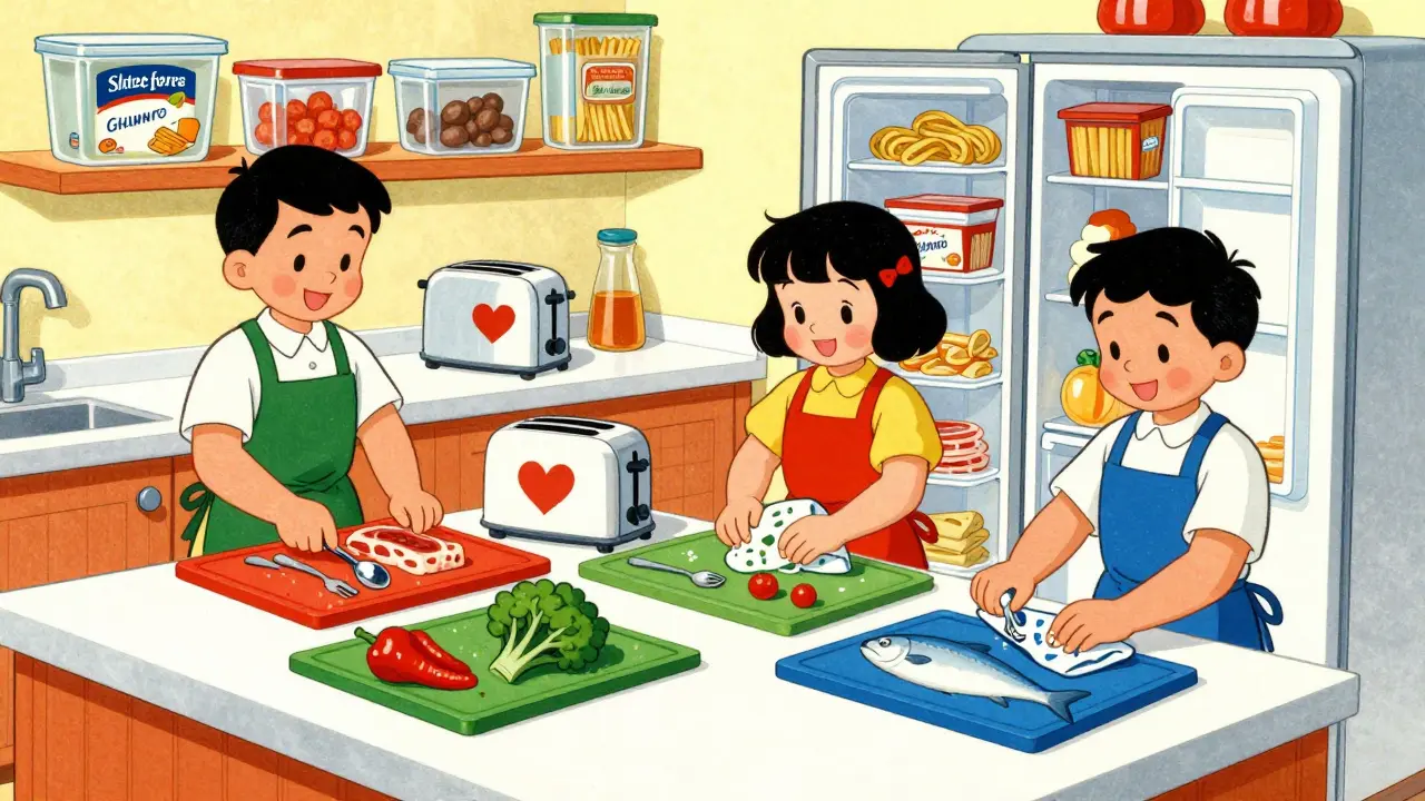 Cucina sicura ordinata: taglieri colorati, tostapane dedicato e frigorifero organizzato