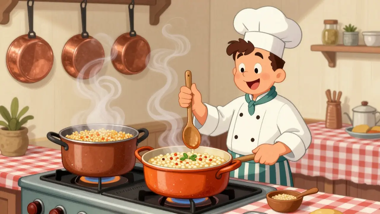 Cucina vintage con tre pentole di cereali che cuociono