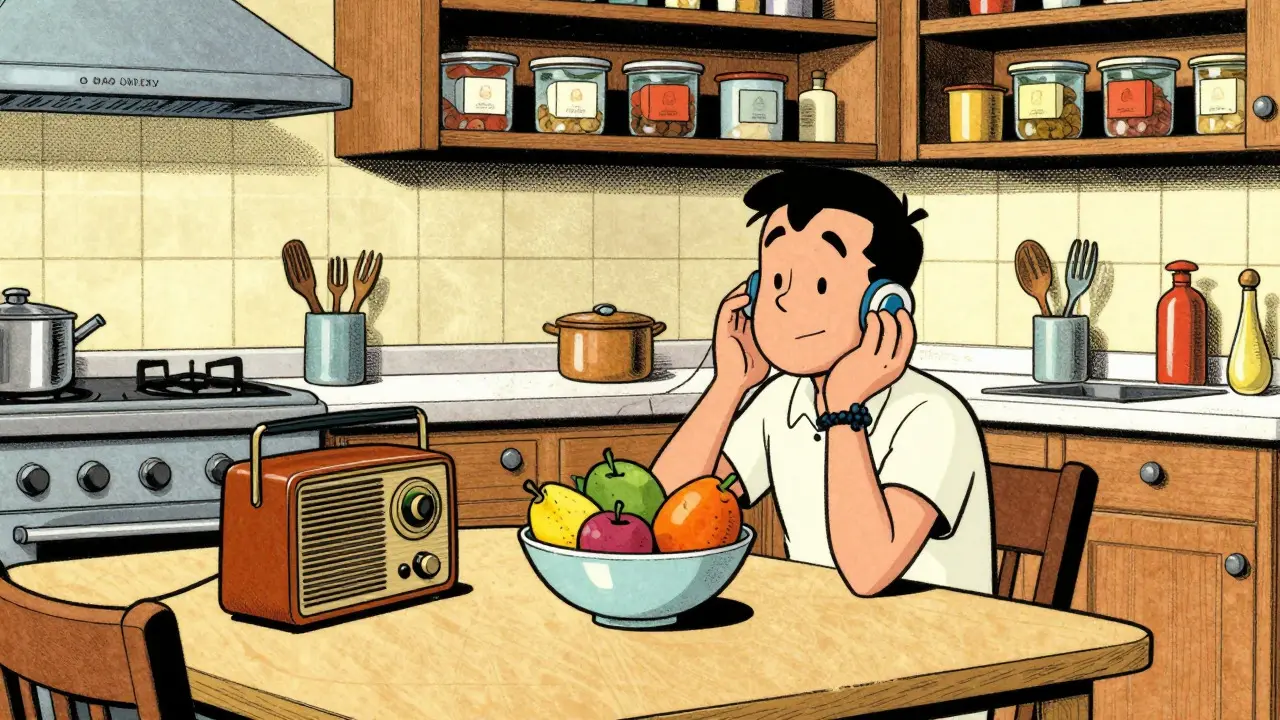 Disegno cartoon di una persona rilassata in una cucina pulita durante la manutenzione settimanale.