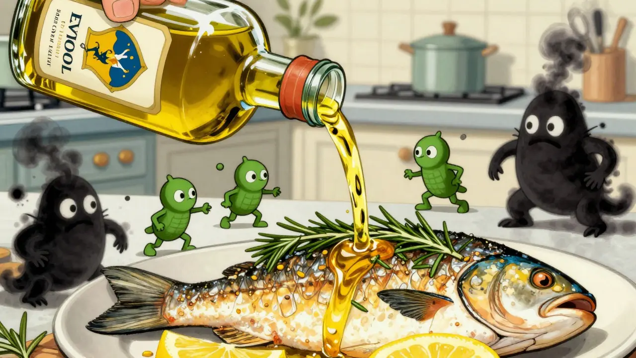 Disegno stile cartone: olio d'oliva protegge il pesce dagli ossidanti
