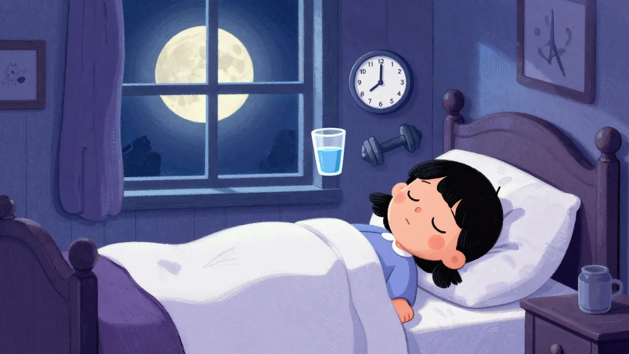 Disegno stile cartone: riposo notturno sereno con simboli di salute e costanza
