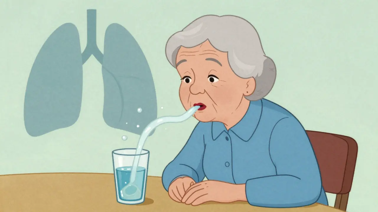 Donna anziana che beve acqua addensata