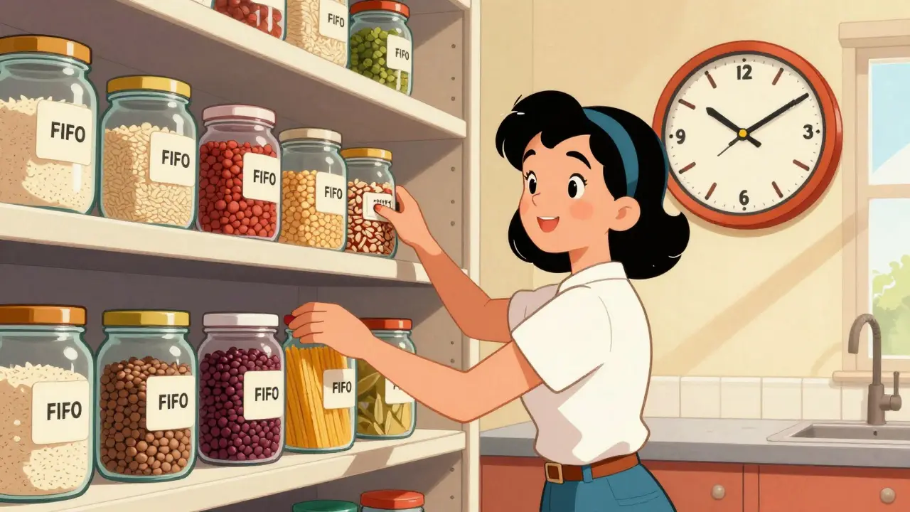 Donna che organizza la dispensa per evitare sprechi alimentari