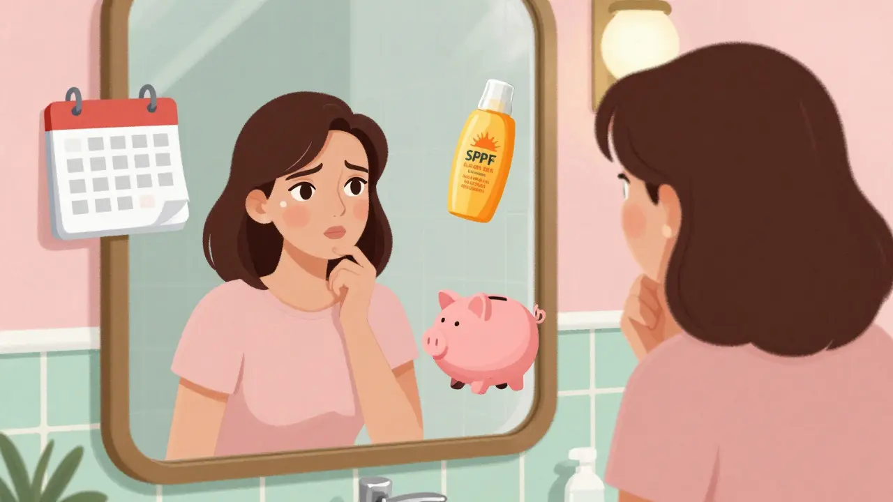 Donna che pianifica il recupero post-laser con sole e costi in stile illustrativo retrò