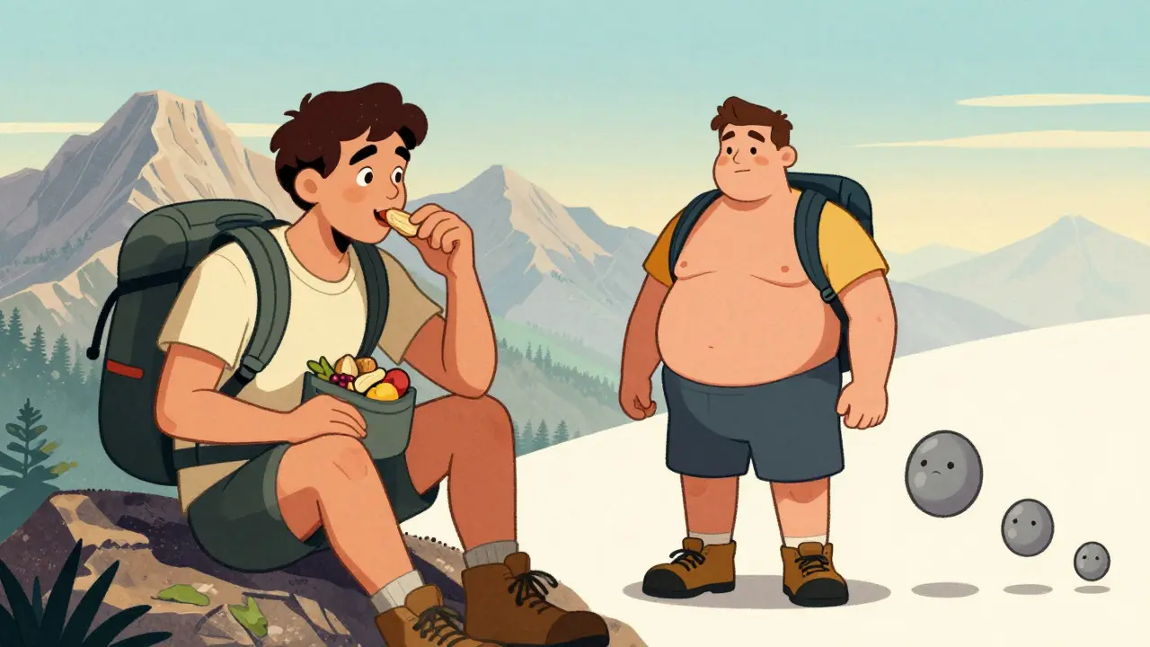 Escursionista in cima alla montagna con snack sani e perdita di grasso