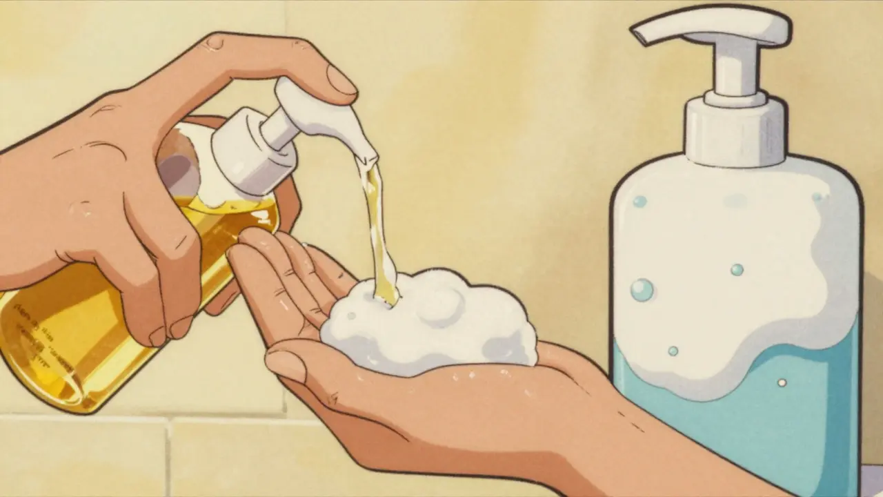 Illustrazione della doppia detersione: olio che diventa emulsione e schiuma
