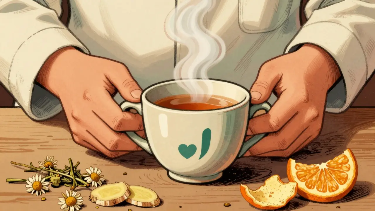 Illustrazione retrò: mani che preparano tisana con erbe aromatiche come rituale calmante