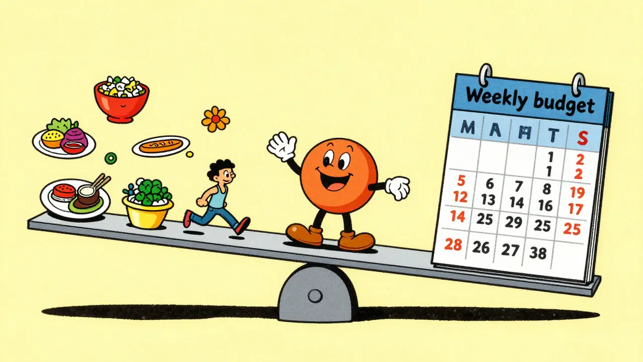 Illustrazione vintage che mostra il bilanciamento flessibile del deficit calorico settimanale