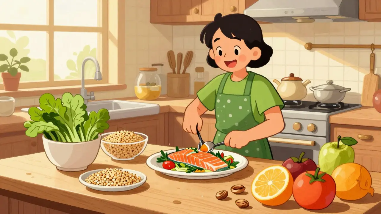 Illustrazione vintage: cucina sana con dieta mediterranea e frutta fresca