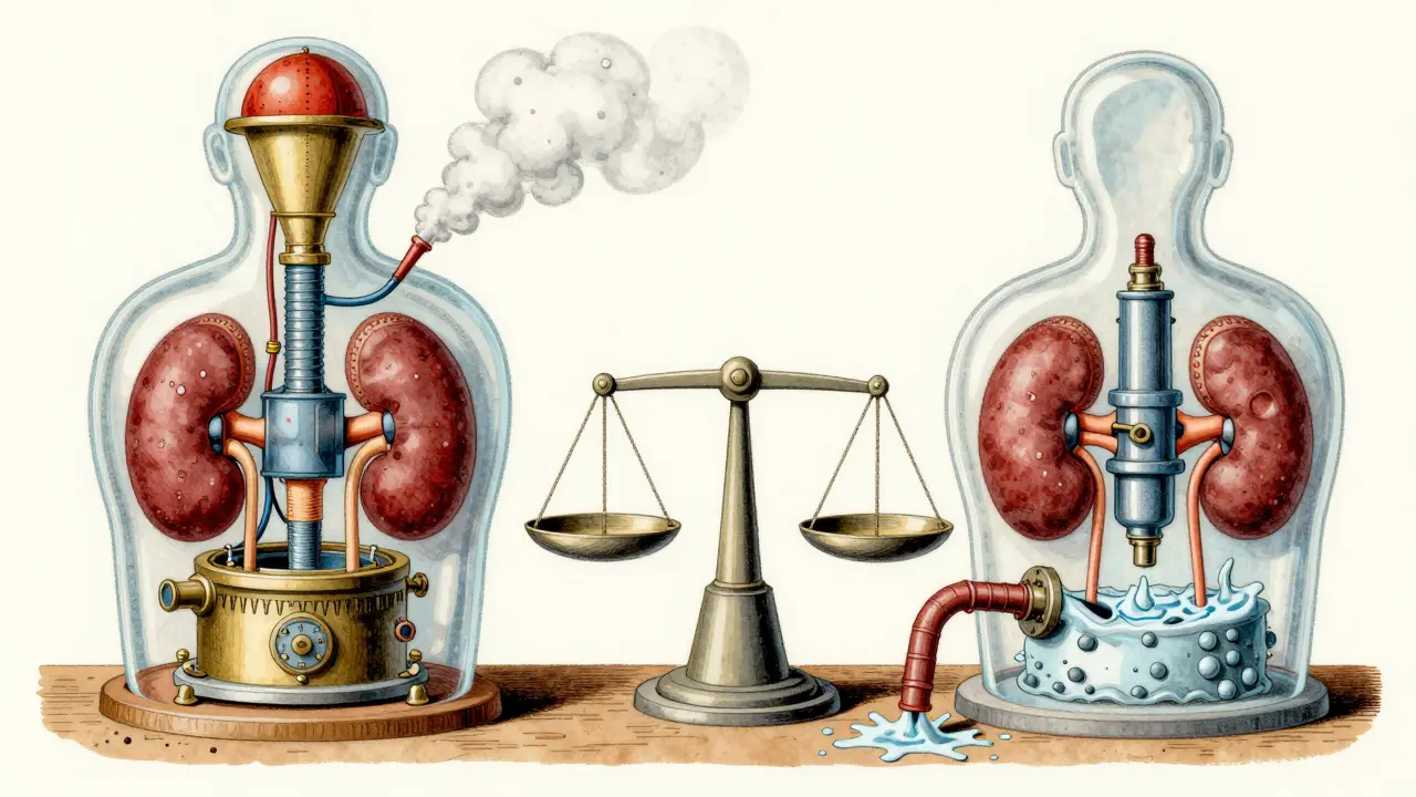 Illustrazione vintage dei reni e polmoni che regolano il pH corporeo automaticamente