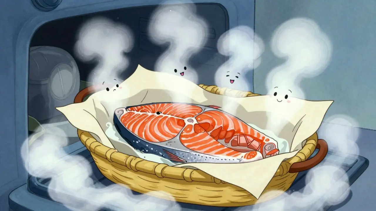 Illustrazione vintage di pesce cotto al vapore protetto dal calore
