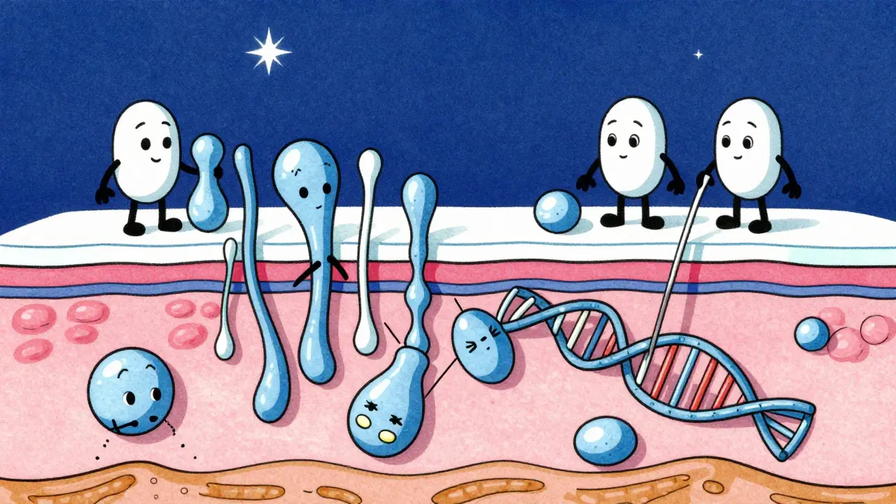 Illustrazione vintage: fibre di collagene che riparano la pelle di notte