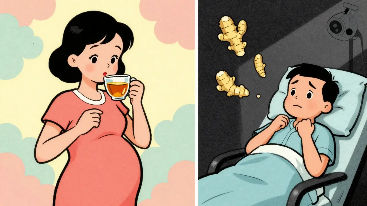 Illustrazione vintage: zenzero efficace per nausea gravidica, meno per chemio