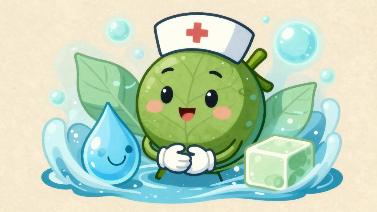 Ingredienti lenitivi come Centella e Pantenolo raffigurati in modo amichevole
