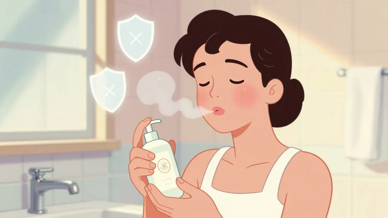 Persona che applica crema senza profumo con espressione di sollievo
