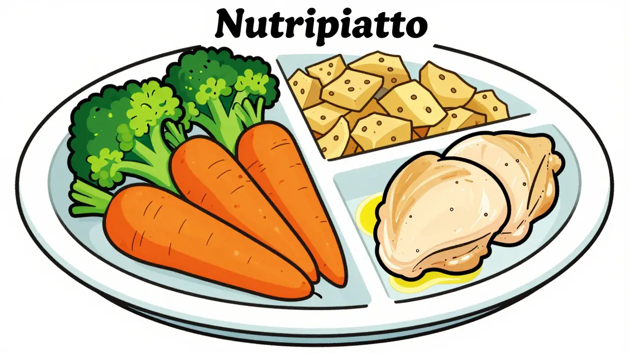 Piatto diviso in verdure, carboidrati e proteine per bambini