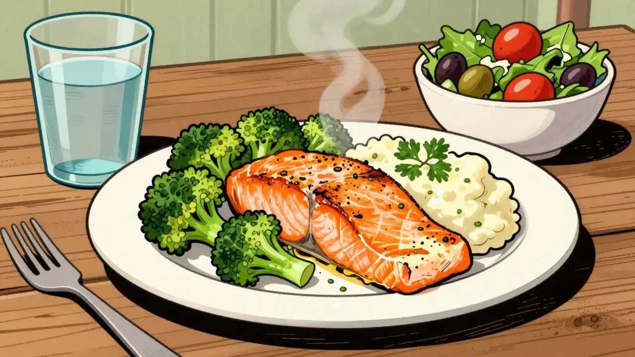 Pranzo leggero con salmone, broccoli e purè di cavolfiore