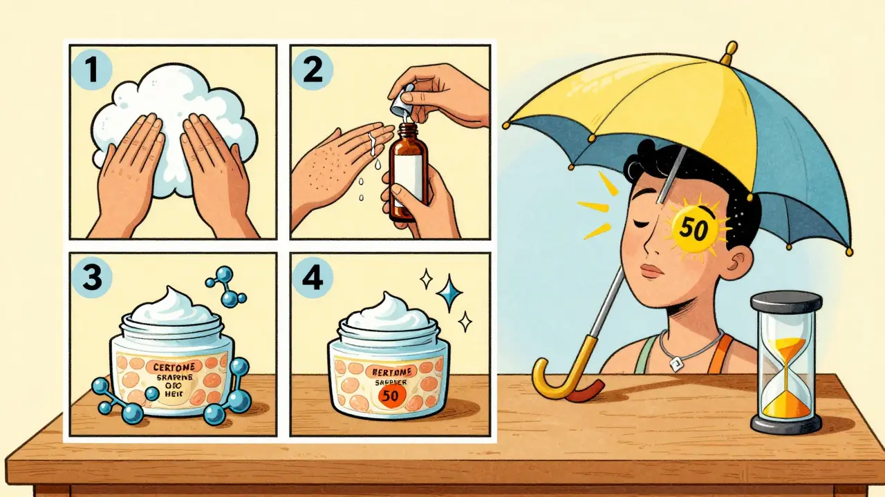 Routine di cura della pelle con detergenza, siero, idratazione e protezione solare