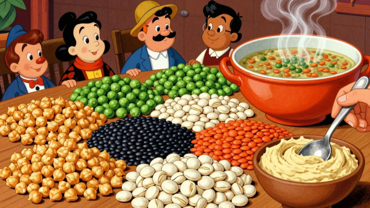 Varie tipologie di legumi disposti artisticamente come ingredienti culinari diversi