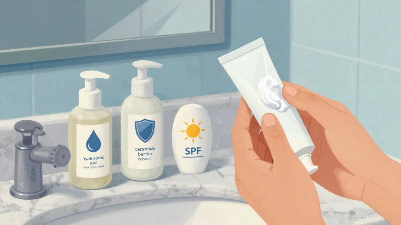 Applicazione di crema sul viso con prodotti essenziali