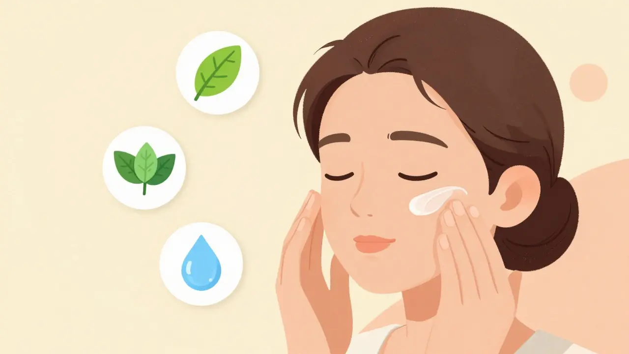 Applicazione di siero su pelle sana e serena con elementi naturali circostanti