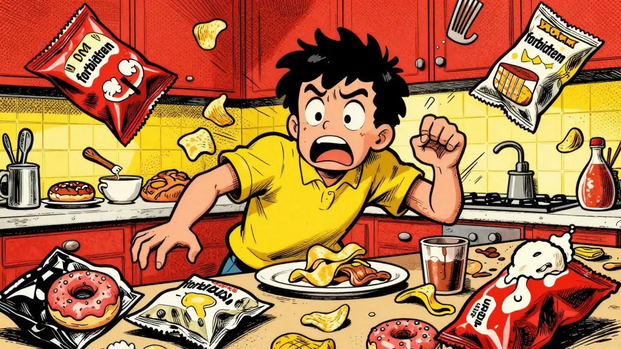Cartone animato retrò che mostra il caos emotivo durante un episodio di abbuffata
