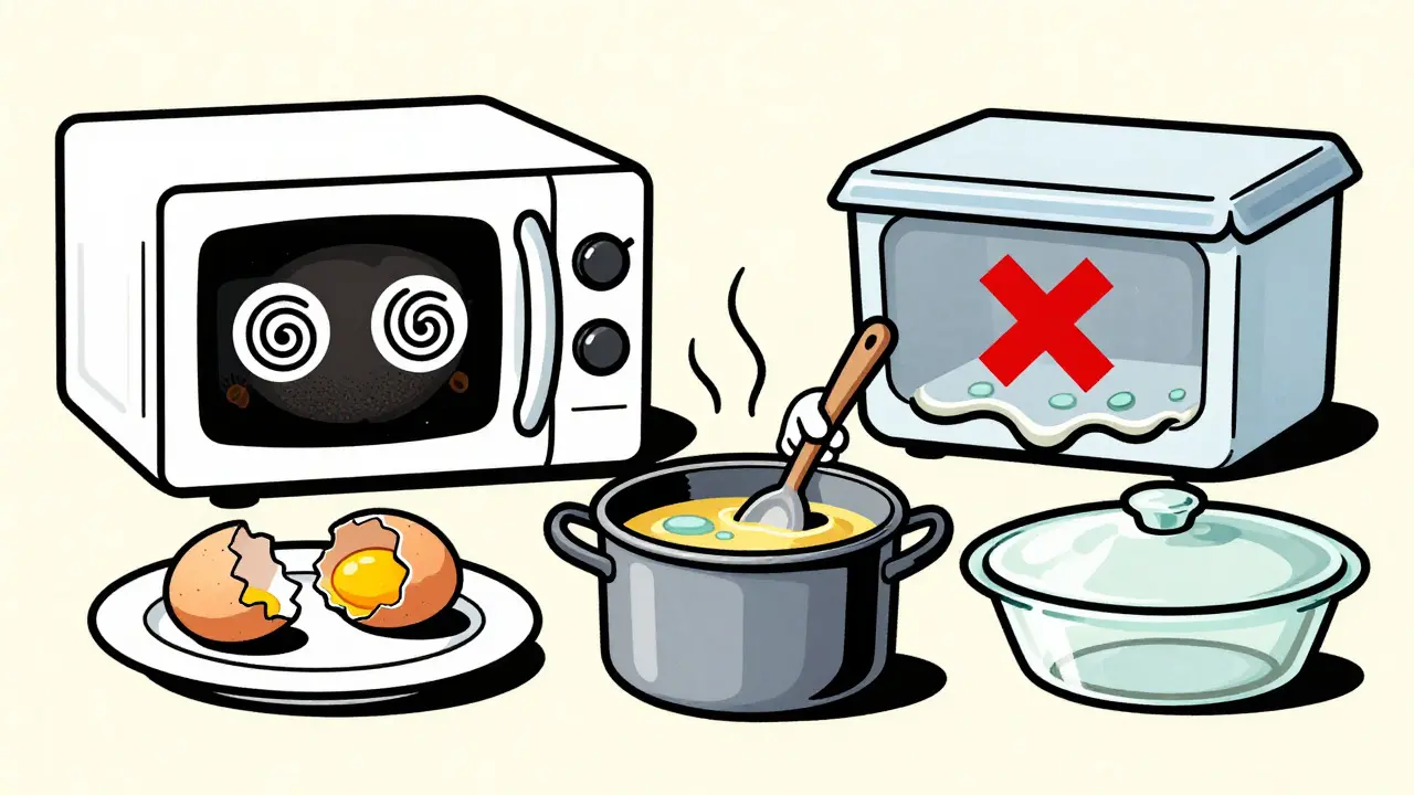 Cartoon che mostra errori comuni come uova esplose e plastica nel microonde