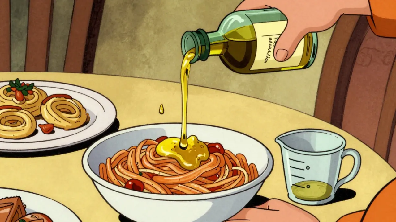 Character pouring excess olive oil into pasta without measuring