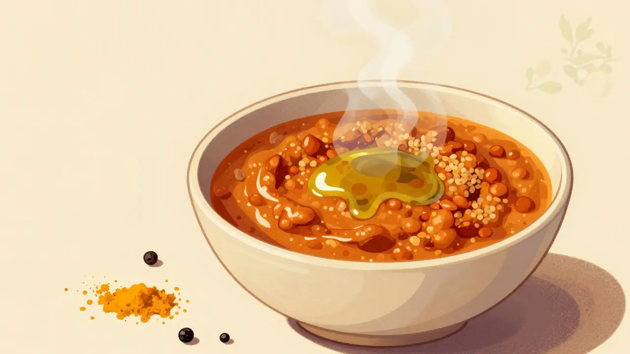 Ciotola di curry di lenticchie con spezie e olio d'oliva