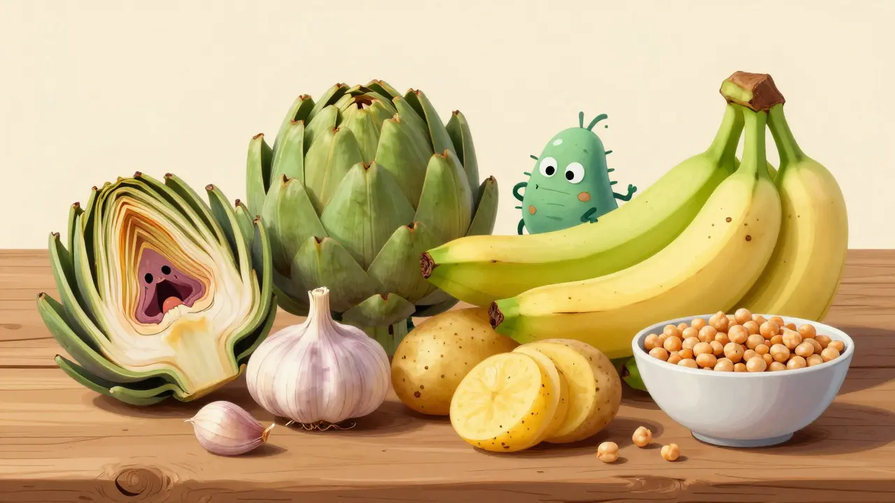 Composizione di alimenti vegetali ricchi di prebiotici con piccoli personaggi batterici
