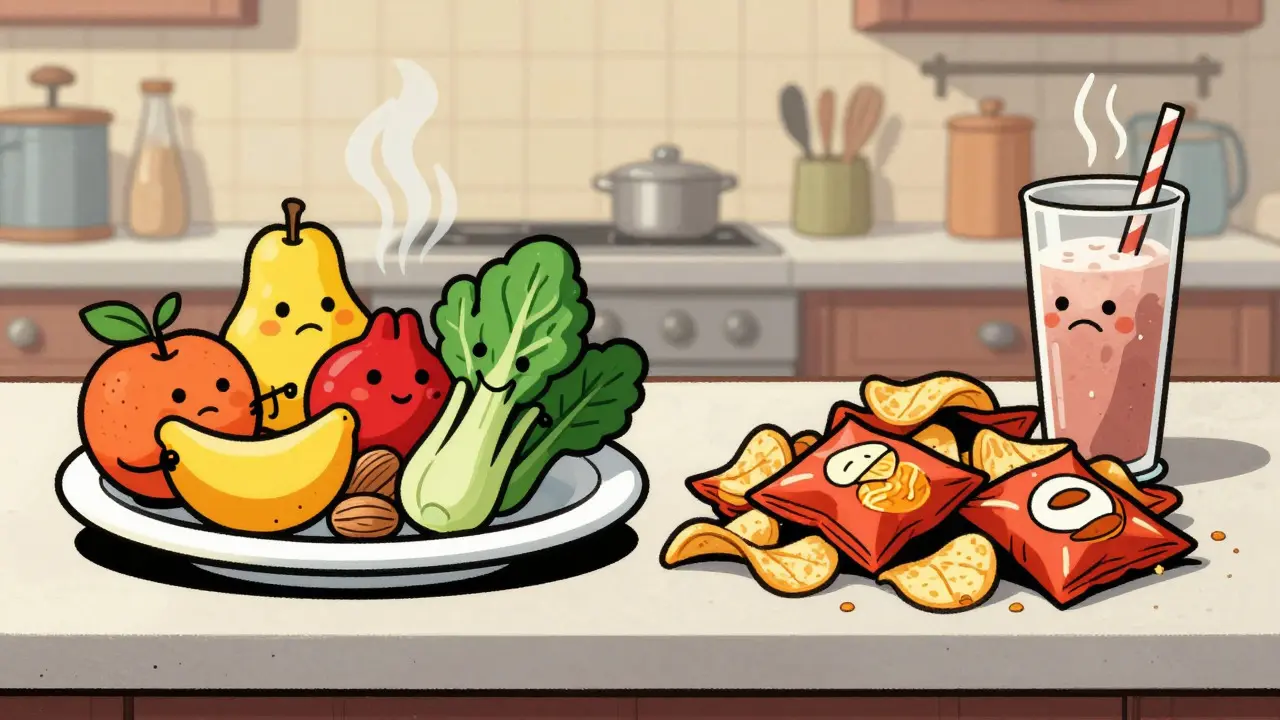 Confronto tra cibi freschi sani e snack ultraprocessati