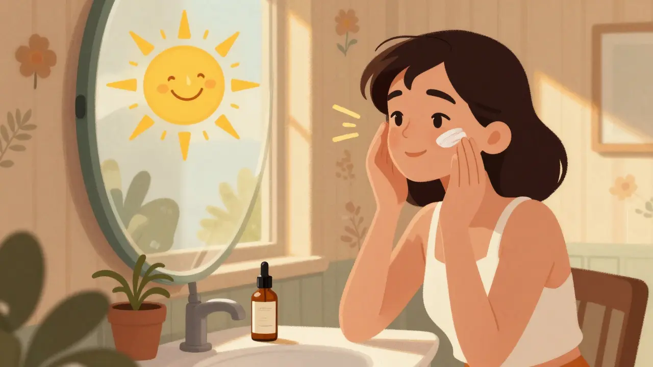 Donna che applica la crema solare al mattino in stile cartone animato