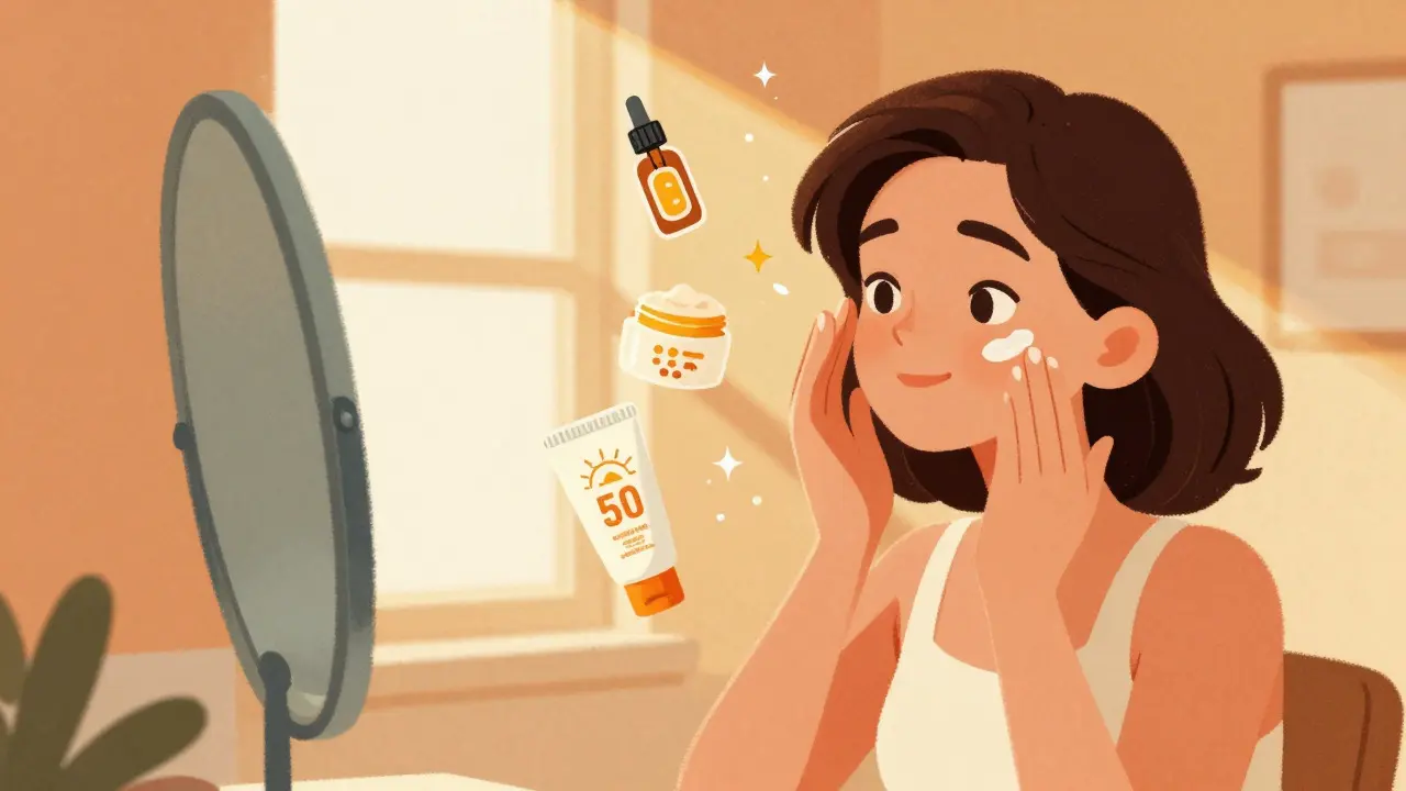 Donna che applica la crema solare al mattino in uno stile illustrativo vintage