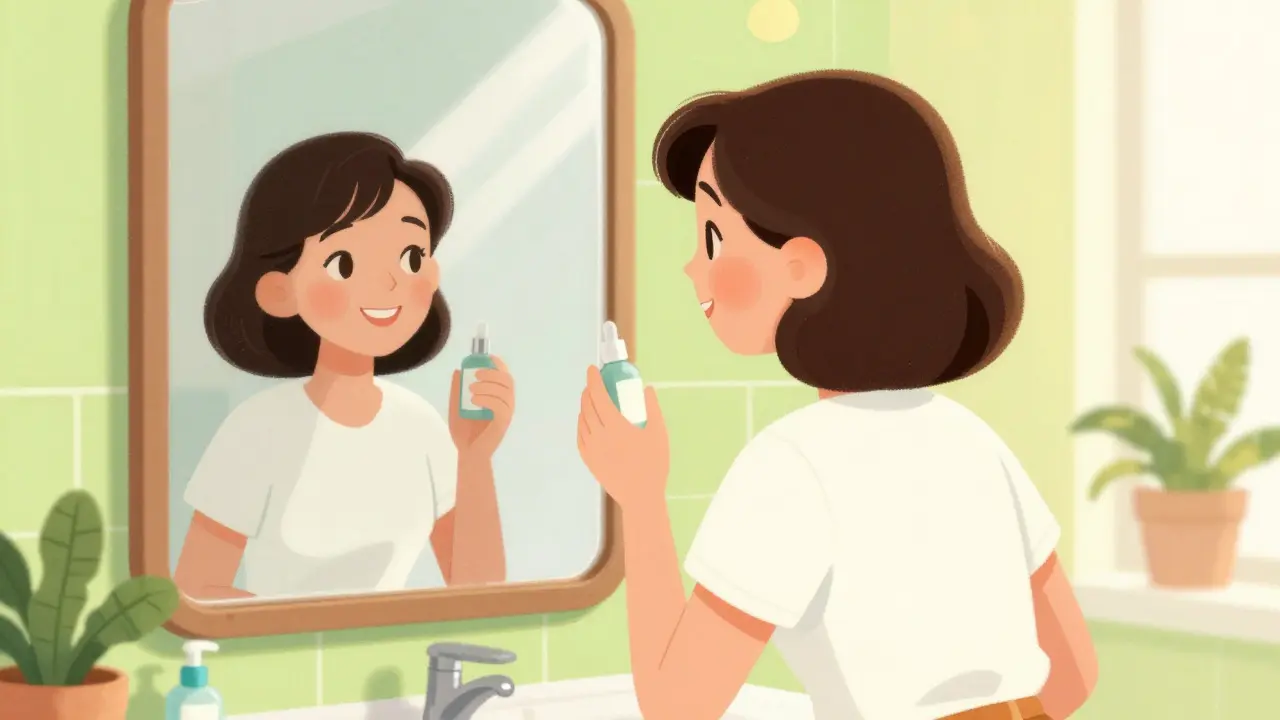 Donna sorridente davanti allo specchio con bottiglietta di siero per capelli