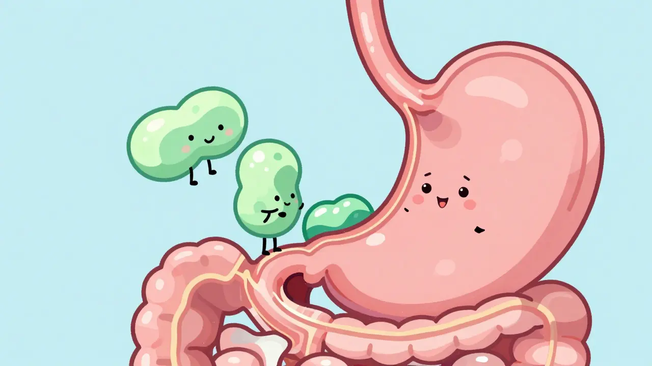 Enzimi che scompongono il lattosio nell'intestino in stile cartoon