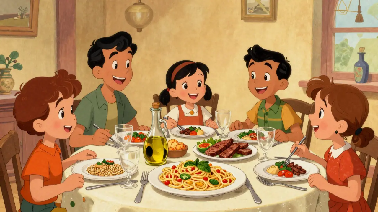 Famiglia italiana che cena insieme con una dieta mediterranea equilibrata