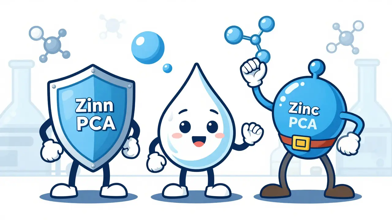 Forme di zinco rappresentate da personaggi stilizzati in un contesto scientifico