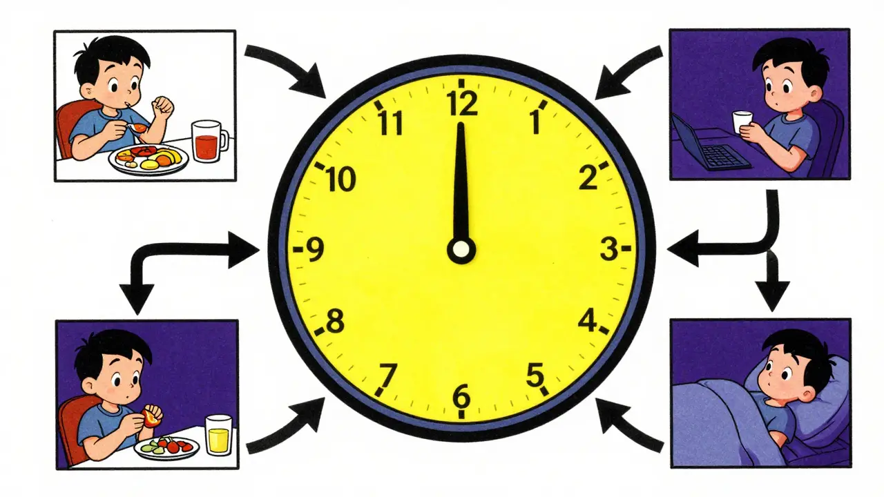 Illustration of daily eating habits aligned with the circadian rhythm cycle