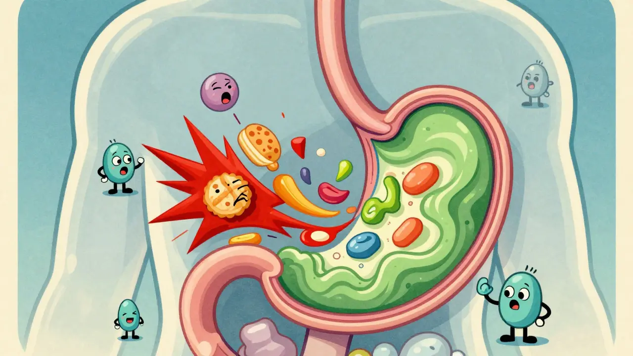 Illustrazione del processo digestivo e degli ormoni della fame nello stomaco