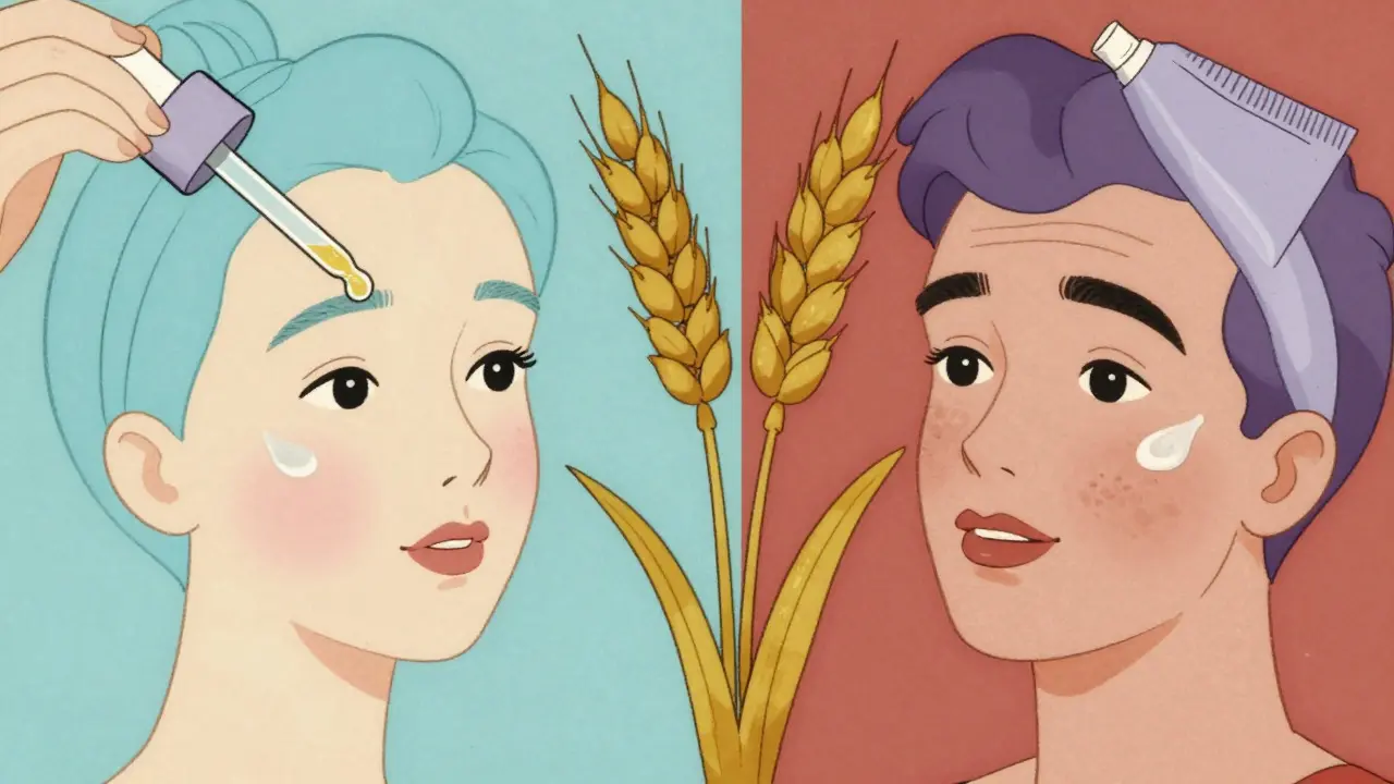 Illustrazione vintage che confronta sieri cosmetici e farmaci topici