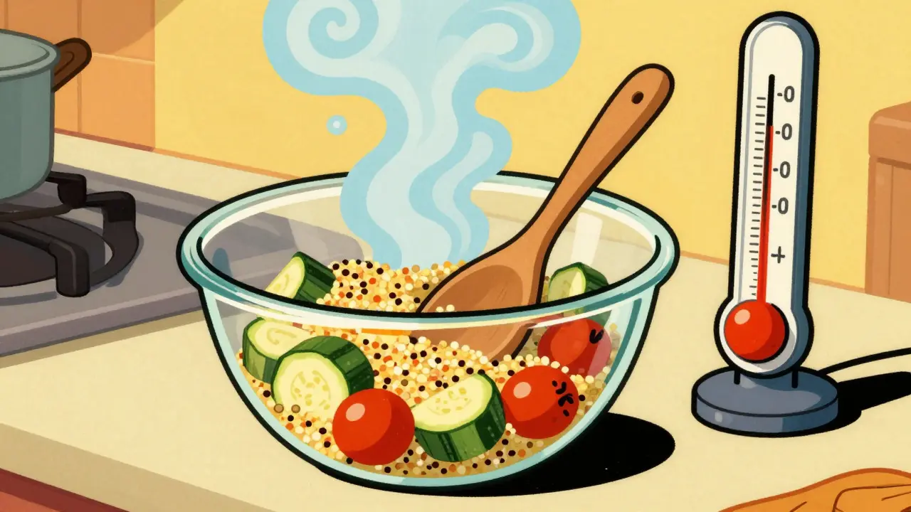 Illustrazione vintage di una ciotola di vetro con quinoa e verdure al microonde