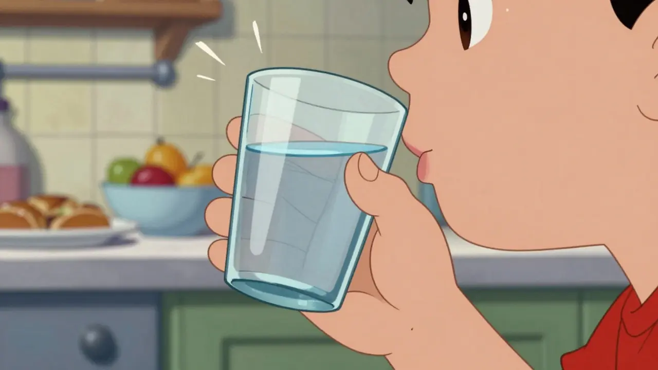 Mano che tiene un bicchiere d'acqua pronto da bere prima della colazione