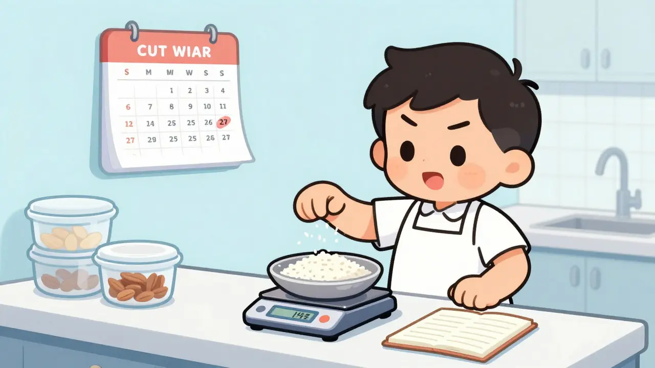 Person weighing food ingredients on a kitchen scale to track intake