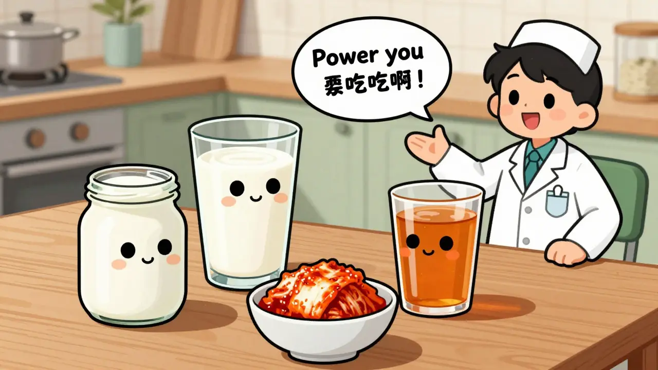 Porzioni equilibrate di yogurt, kefir e kimchi su un tavolo