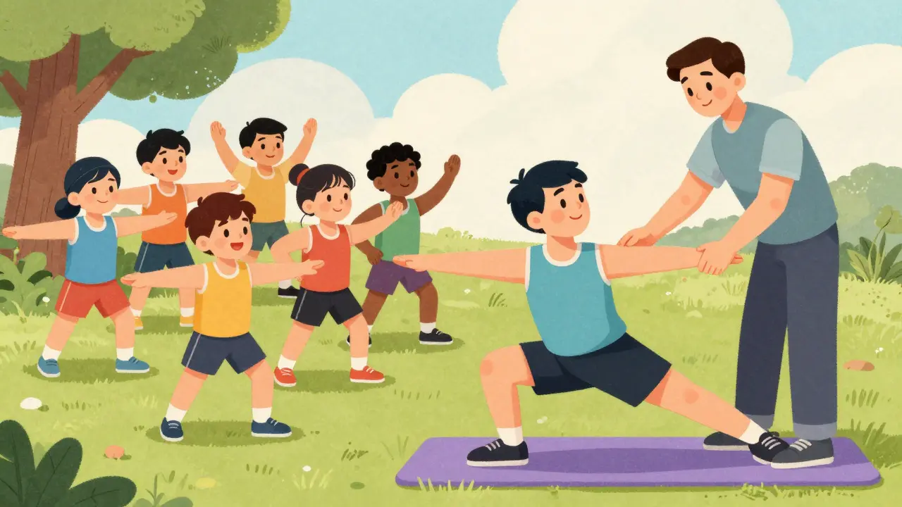 Scena ibrida che mostra allenamento di gruppo e sessione individuale con personal trainer