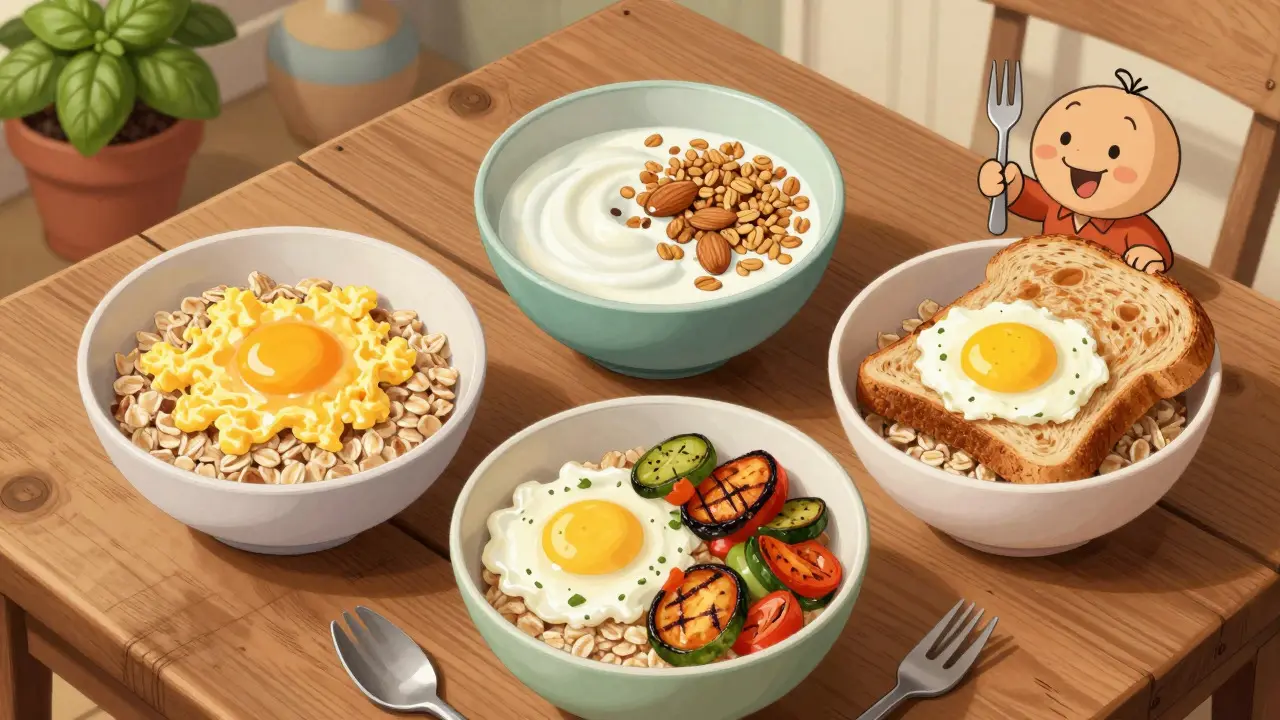 Tre ciotole di colazione sana con uova, yogurt e pane integrale