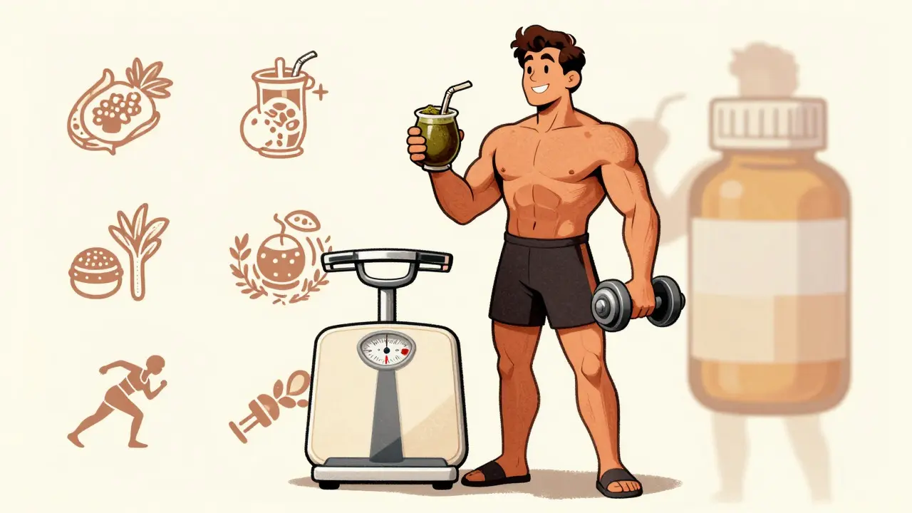 Uomo sano con yerba mate e pesi, stile illustrativo retrò